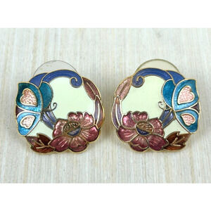Butterfly Earrings Cloisonne Round Red Flower Blue Post Pierce Gold Tone Vintage